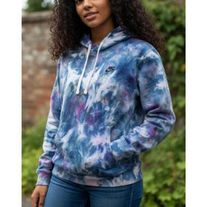 SMALL Upcycled Nike Hoodie, Hand-Dyed Blues and Pink Tie-Dye